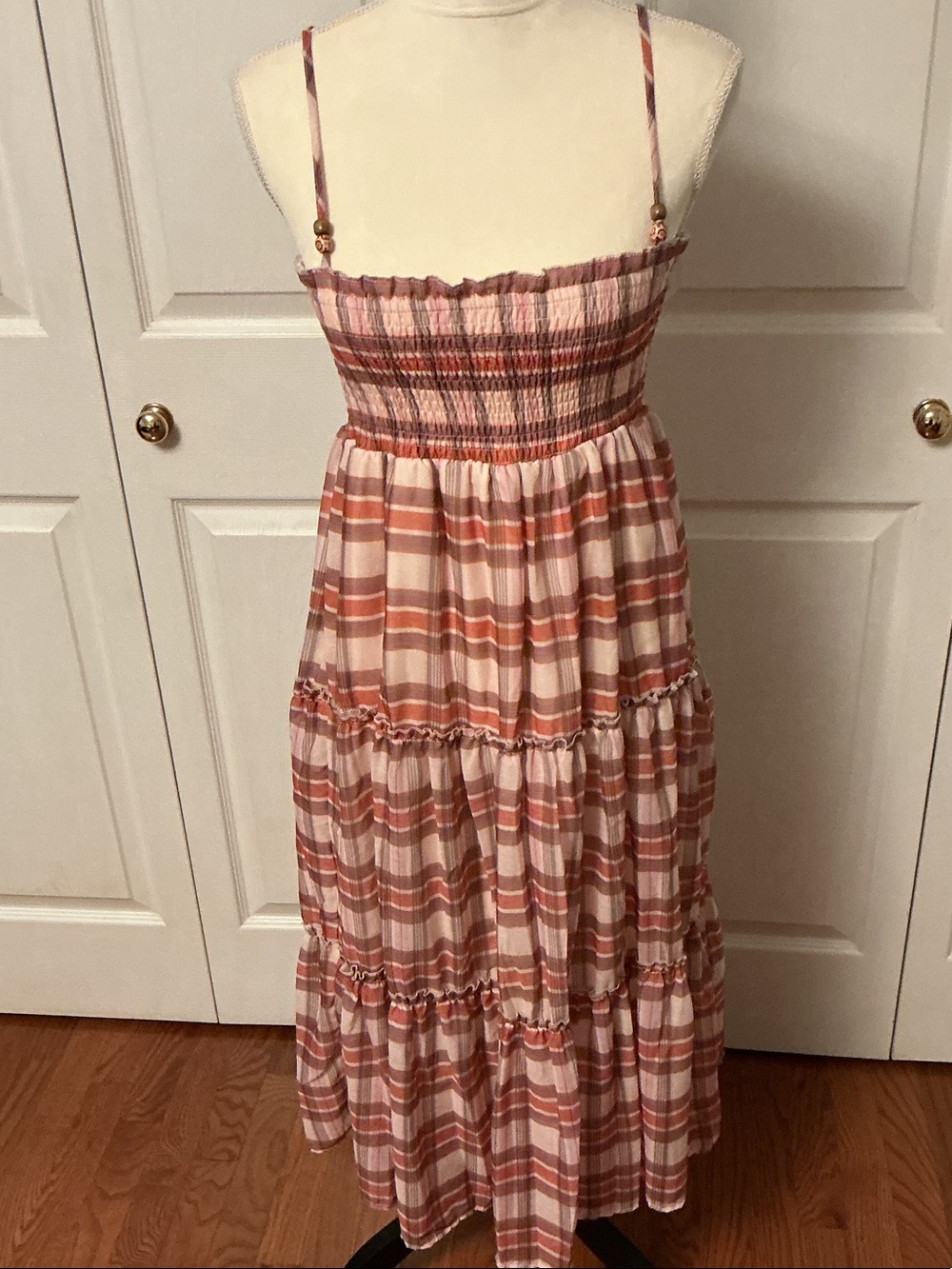 Smocked Tiered Pink Plaid Maxi Dress